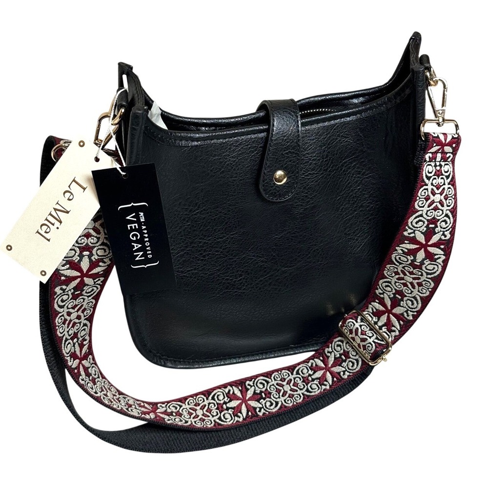 Le Miel Black Vegan Leather Crossbody Messenger Bag Embroidered Guitar Strap NEW